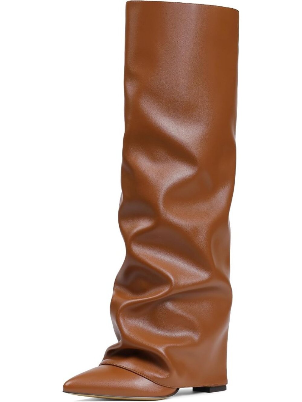 Womens Chocolate Brown Pointed Toe Fold Over Chunky Shark Slouchy Knee High Boot